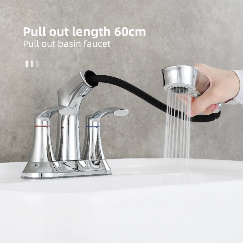 Tecmolog Alloy Plastic Steel Hot&Cold Basin Faucet Deck Mounted Bathroom Pull Out Mixer Tap with Double Handle