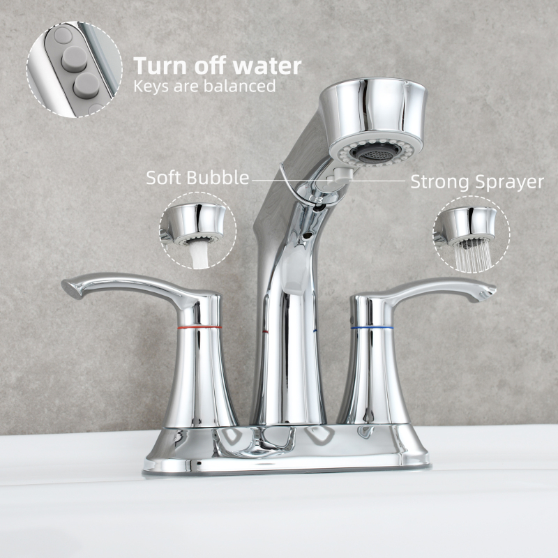 Tecmolog Alloy Plastic Steel Hot&Cold Basin Faucet Deck Mounted Bathroom Pull Out Mixer Tap with Double Handle