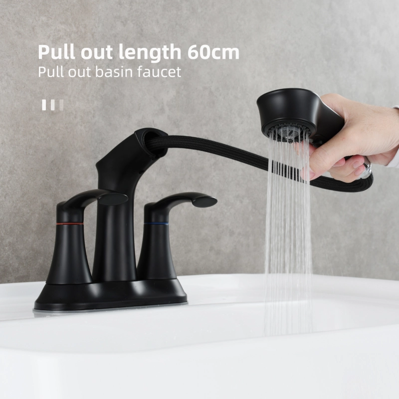 Tecmolog Alloy Plastic Steel Hot&Cold Basin Faucet Deck Mounted Bathroom Pull Out Mixer Tap with Double Handle