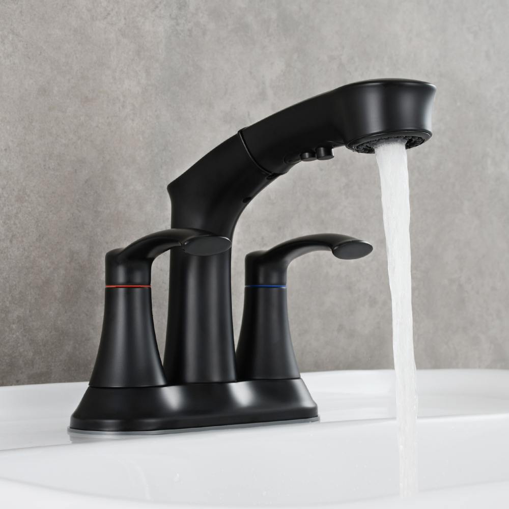 Tecmolog Alloy Plastic Steel Hot&Cold Basin Faucet Deck Mounted Bathroom Pull Out Mixer Tap with Double Handle