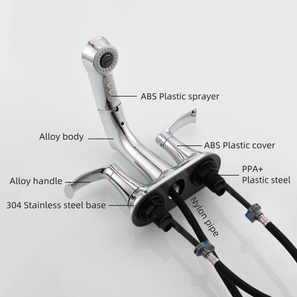 Tecmolog Alloy Plastic Steel Hot&Cold Basin Faucet Deck Mounted Bathroom Pull Out Mixer Tap with Double Handle