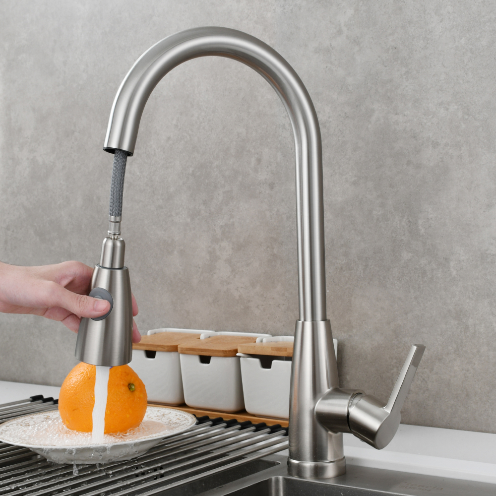 Tecmolog Brass Hot&Cold Kitchen Tap 360° Rotation Pull Out Sink Kitchen Faucet with Single Handle,Chrome,Pearl Black,Nickel