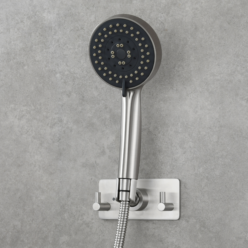 Tecmolog Stainless Steel Nail-free/Drilling Wall Mounted Shower Head Holder with Two Hook,Nickel/Black