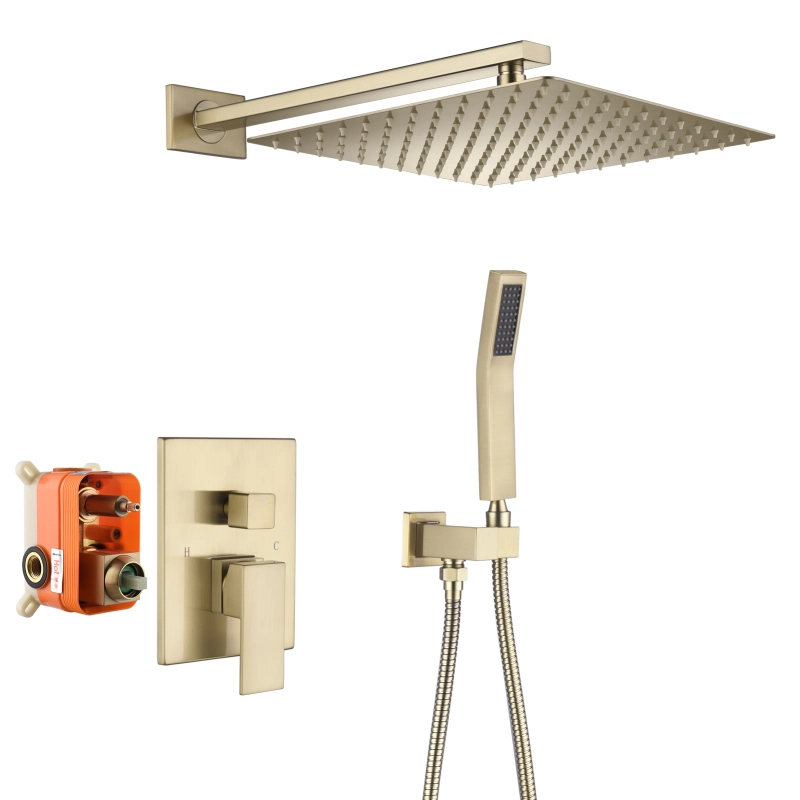 Tecmolog Brass Bathroom Luxury Rain Mixer Combo Set Wall Mounted Rainfall Shower Head System Brushed Gold