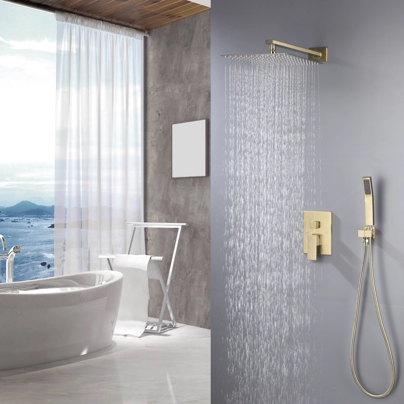 Tecmolog Brass Bathroom Luxury Rain Mixer Combo Set Wall Mounted Rainfall Shower Head System Brushed Gold