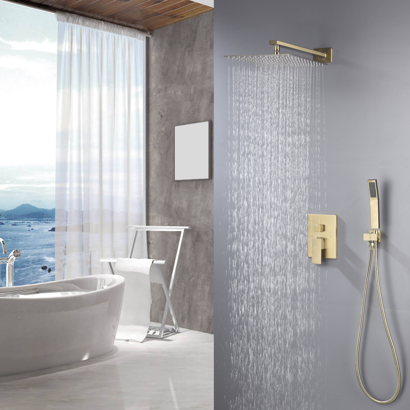 Tecmolog Brass Bathroom Luxury Rain Mixer Combo Set Wall Mounted Rainfall Shower Head System Brushed Gold