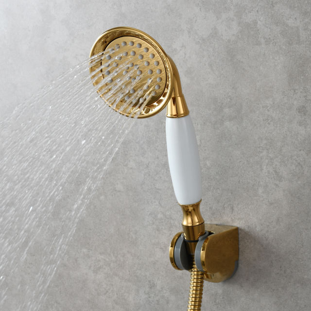 Tecmolog Brass PVD Gold Telephone Shower Head/Showee Set, Water Saving Handheld Shower Sprayer with 59" Shower Hose and Holder BS126/BS126F