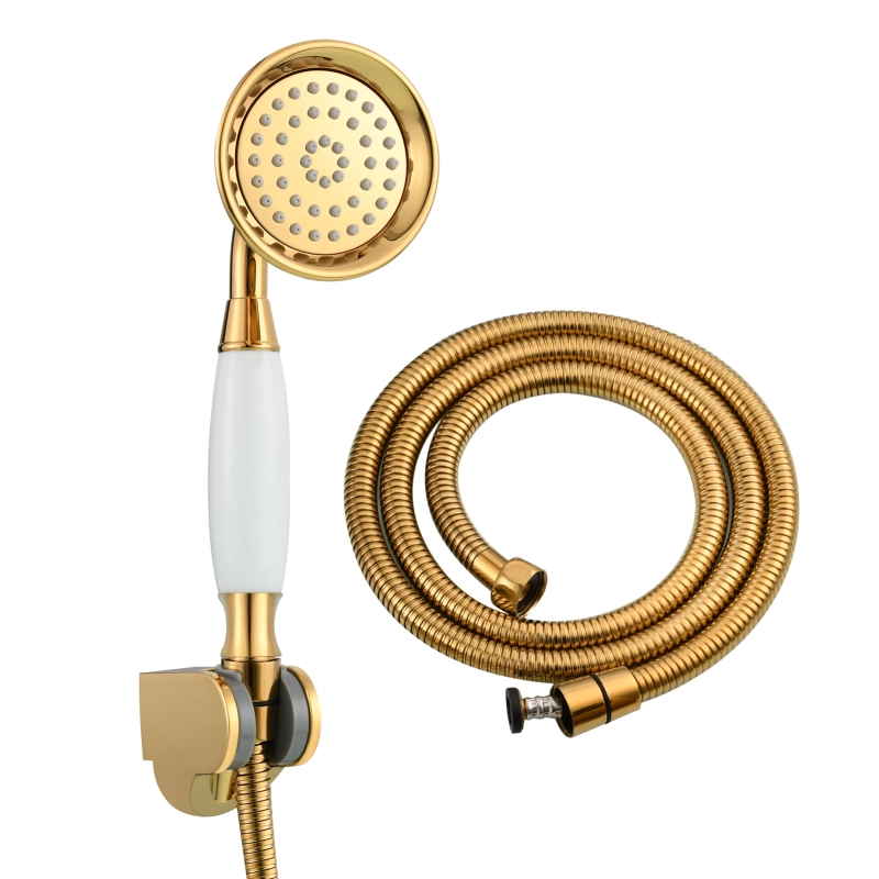 Tecmolog Brass PVD Gold Telephone Shower Head/Showee Set, Water Saving Handheld Shower Sprayer with 59" Shower Hose and Holder BS126/BS126F