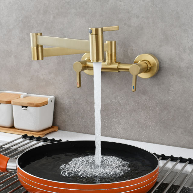Tecmolog Brass Pot Filler Faucet Folding Kitchen Faucet with Double Joint Swing Arms Rotated Tap Wall Mounted for Hot and Cold Water Chrome/Brushed/Gold/Black