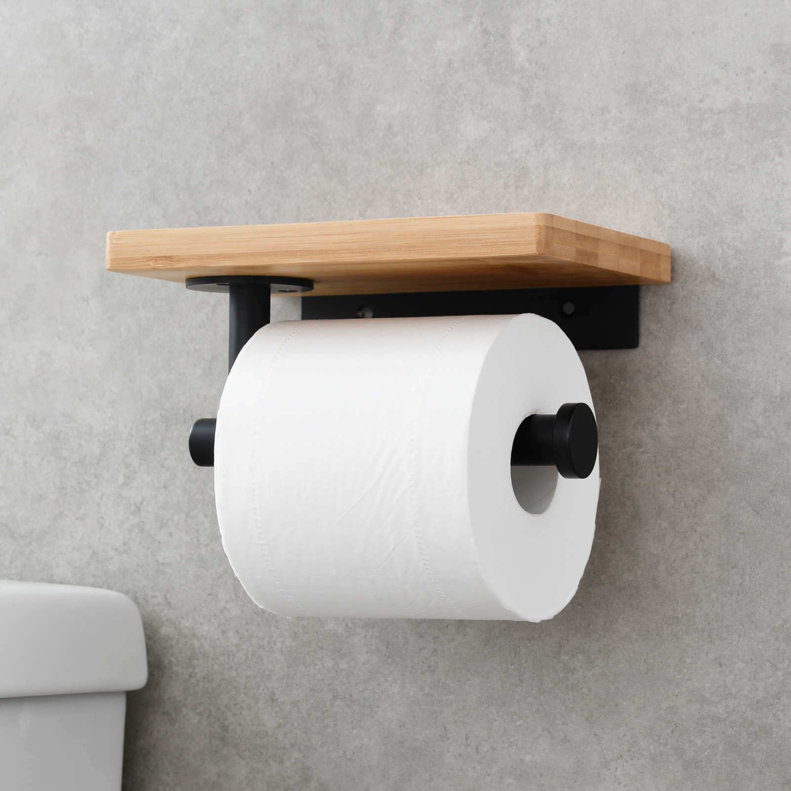 Tecmolog Stainless Steel Drilling Toilet Paper with Bamboo Shelf,Wall Mounted Tissue Roll Holder,Mirror,Nickel,Black and Brushed Gold