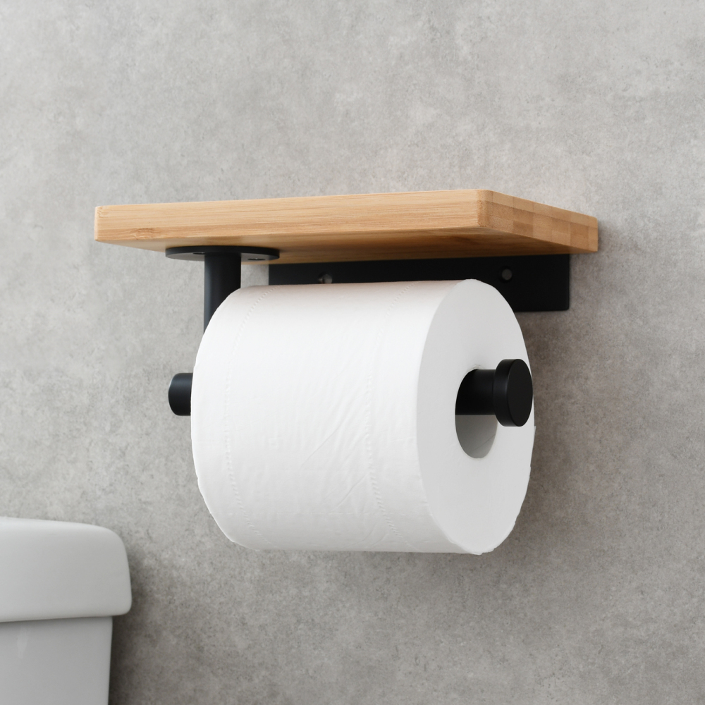 Tecmolog Stainless Steel Drilling Toilet Paper with Bamboo Shelf,Wall Mounted Tissue Roll Holder,Mirror,Nickel,Black and Brushed Gold