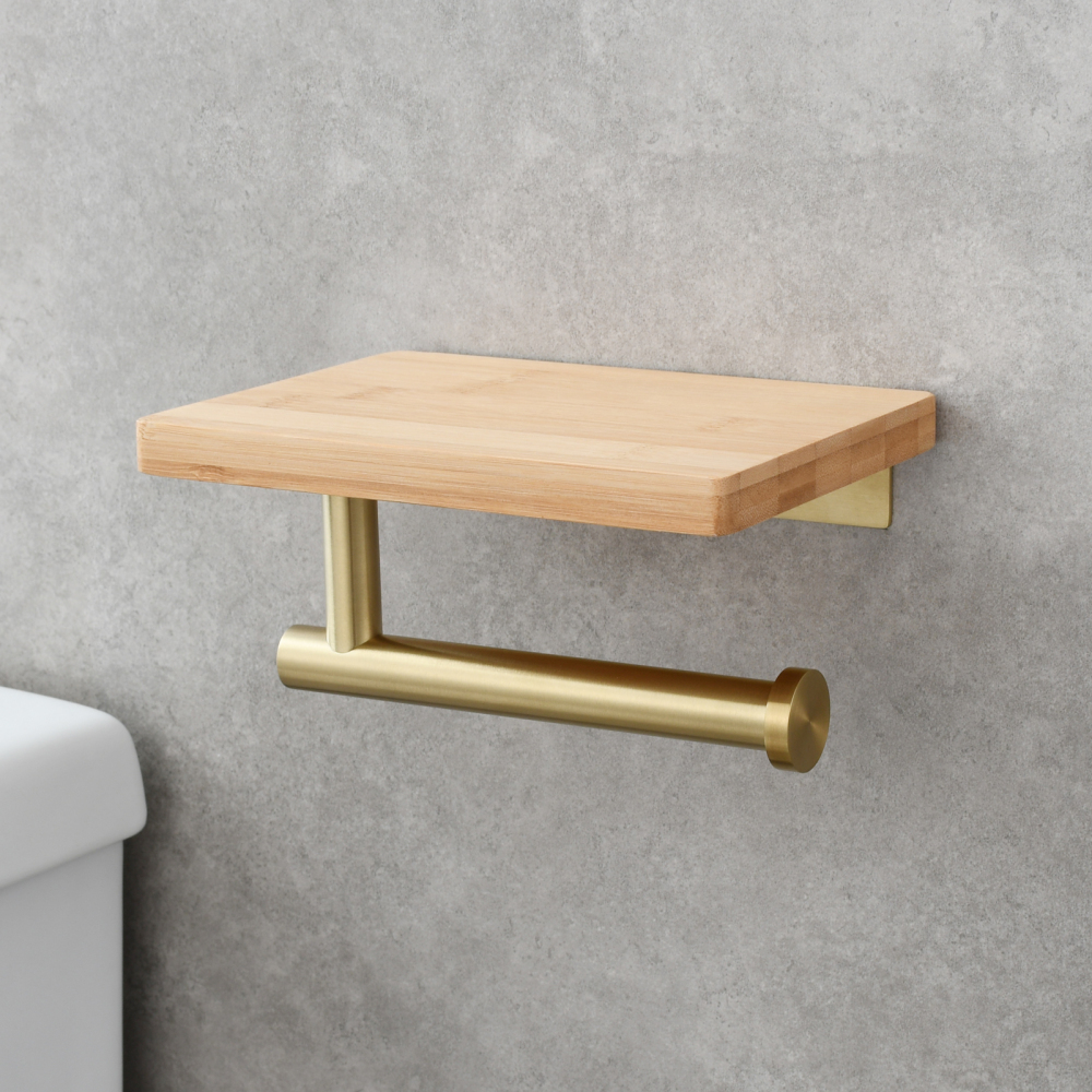 Tecmolog Stainless Steel Drilling Toilet Paper with Bamboo Shelf,Wall Mounted Tissue Roll Holder,Mirror,Nickel,Black and Brushed Gold