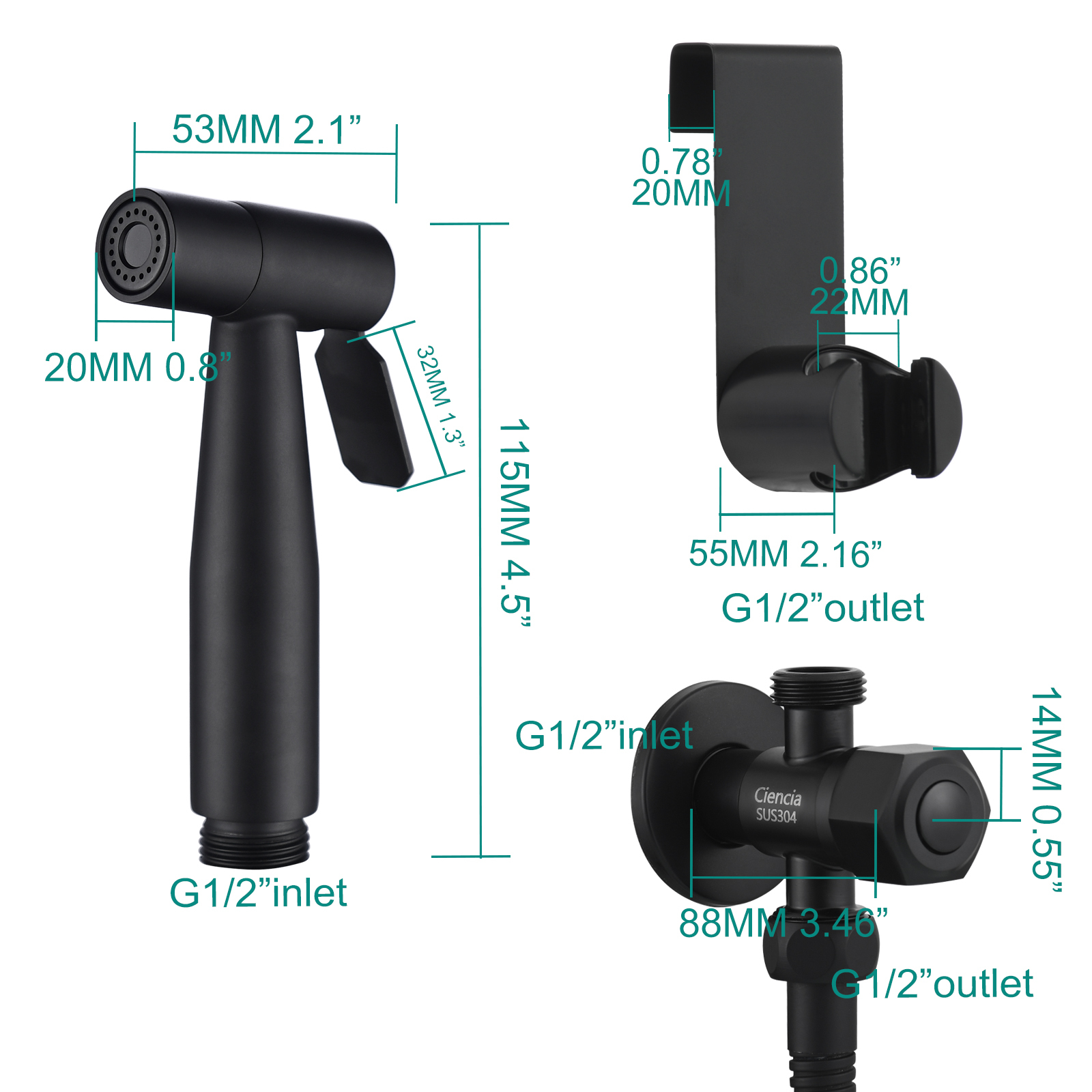 Tecmolog Handheld Bidet Sprayer Set, Stainless Steel Shattaf, Cloth Diaper Sprayer for Toilet WS024F2