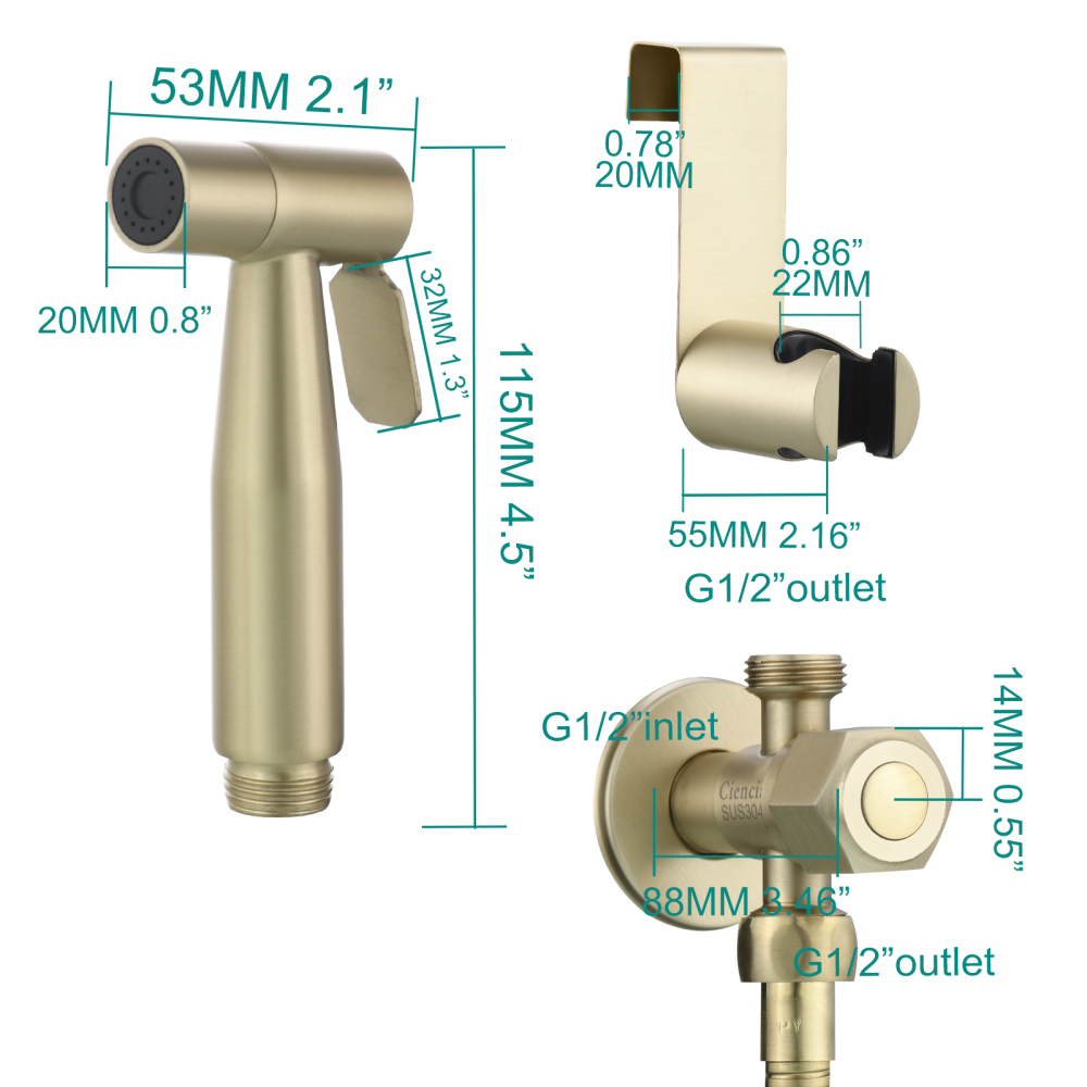 Tecmolog Handheld Bidet Sprayer Set, Stainless Steel Shattaf, Cloth Diaper Sprayer for Toilet WS024F2