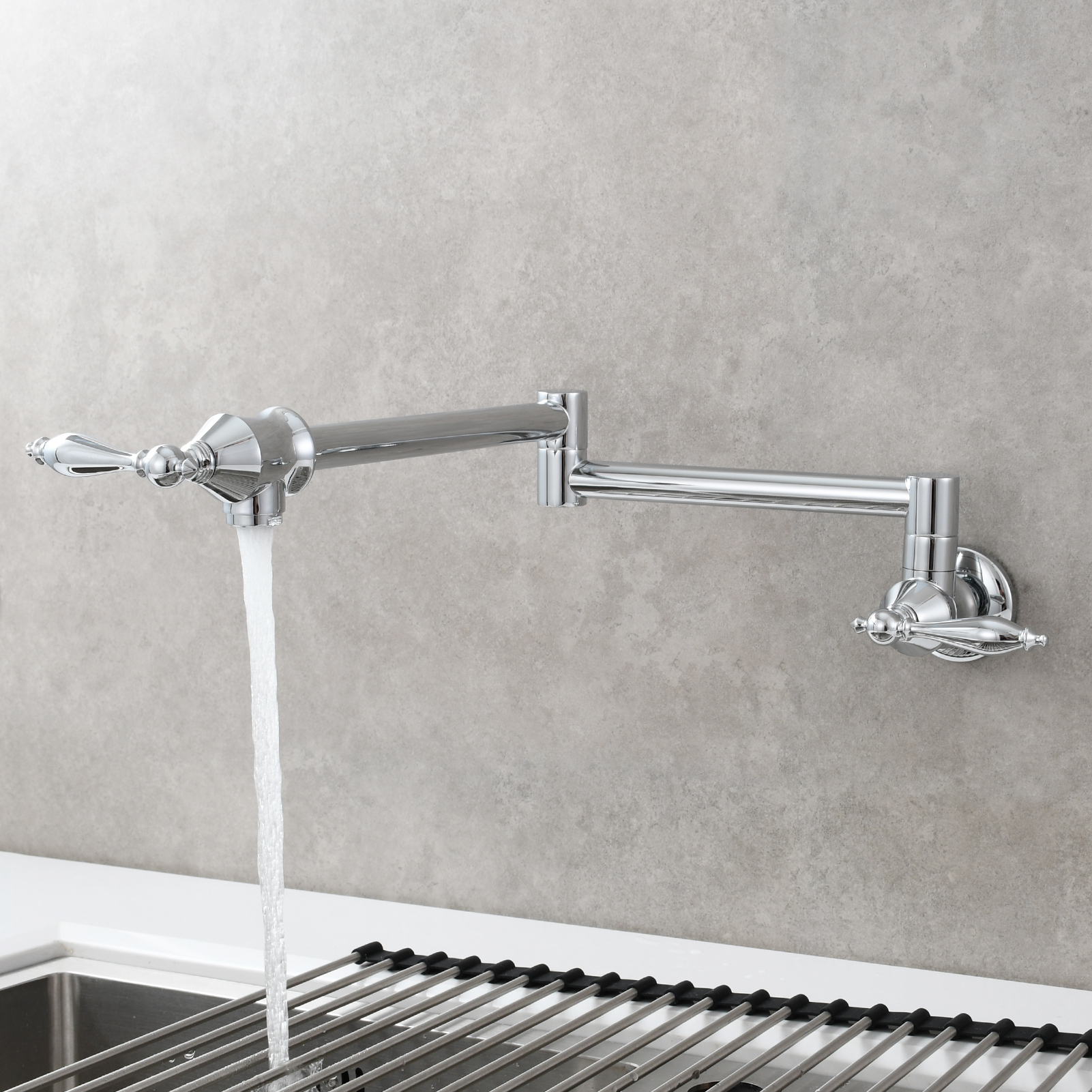 Tecmolog Pot Filler Faucet Brass Commercial Wall Mount Kitchen Sink Faucet Folding Stretchable with Single Hole Two Handles