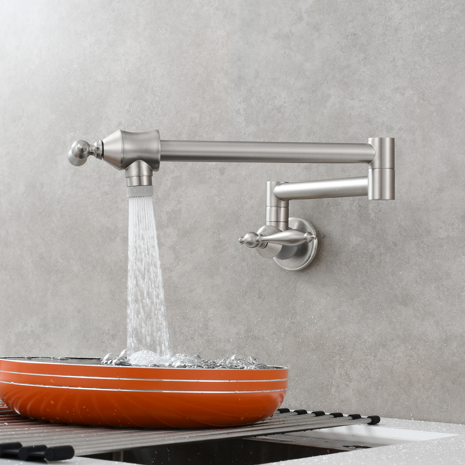 Tecmolog Pot Filler Faucet Brass Commercial Wall Mount Kitchen Sink Faucet Folding Stretchable with Single Hole Two Handles