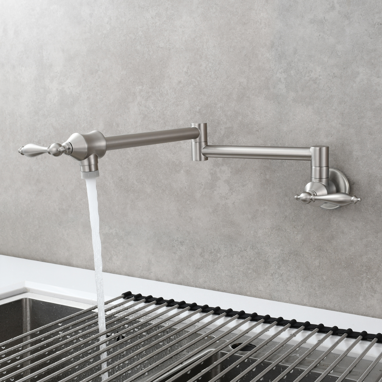 Tecmolog Pot Filler Faucet Brass Commercial Wall Mount Kitchen Sink Faucet Folding Stretchable with Single Hole Two Handles
