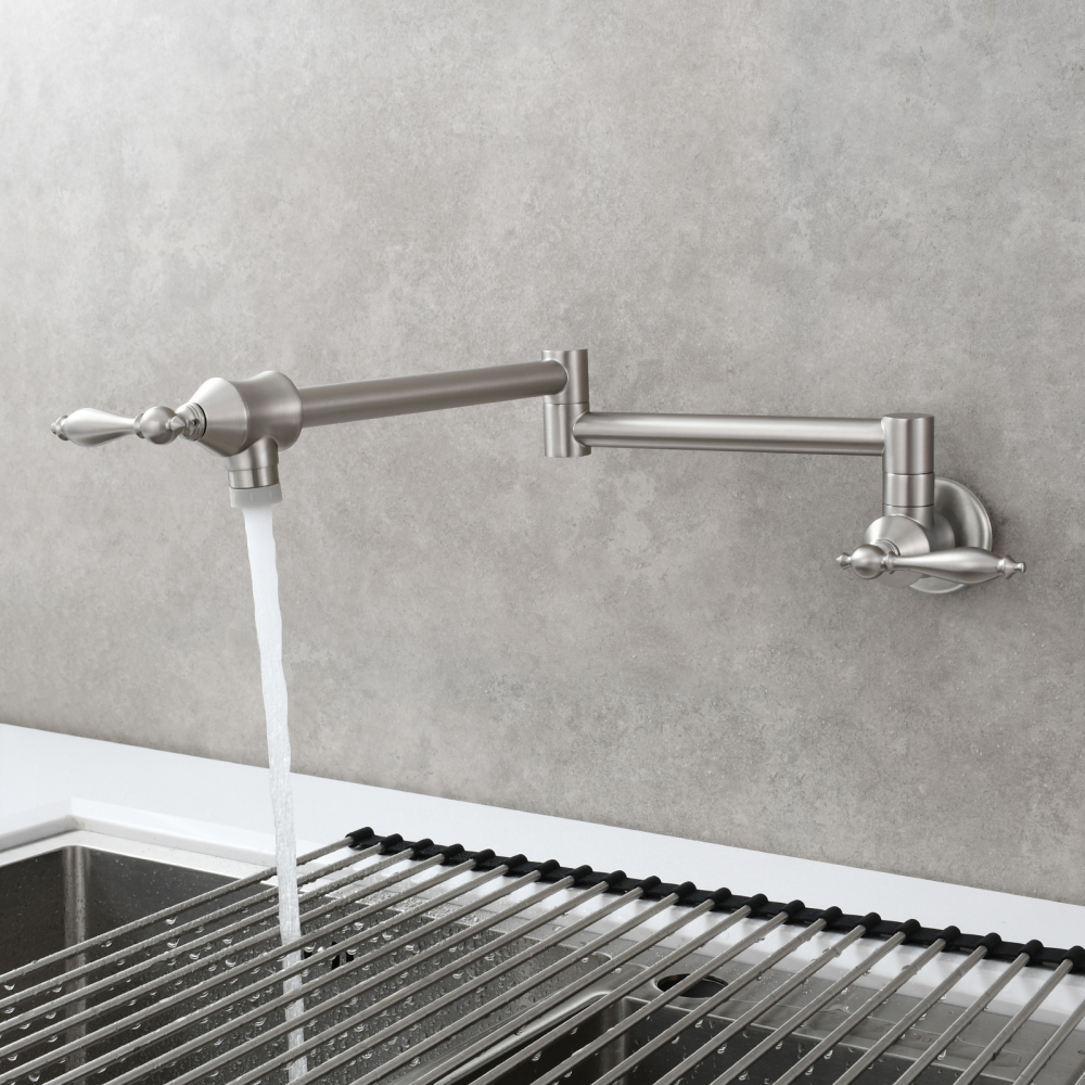 Tecmolog Pot Filler Faucet Brass Commercial Wall Mount Kitchen Sink Faucet Folding Stretchable with Single Hole Two Handles