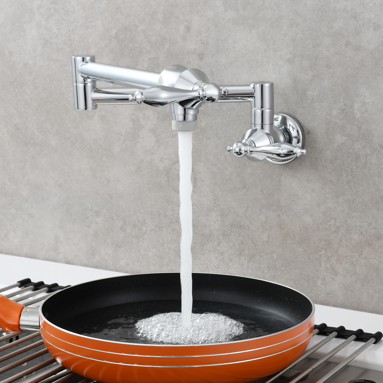 Tecmolog Pot Filler Faucet Brass Commercial Wall Mount Kitchen Sink Faucet Folding Stretchable with Single Hole Two Handles