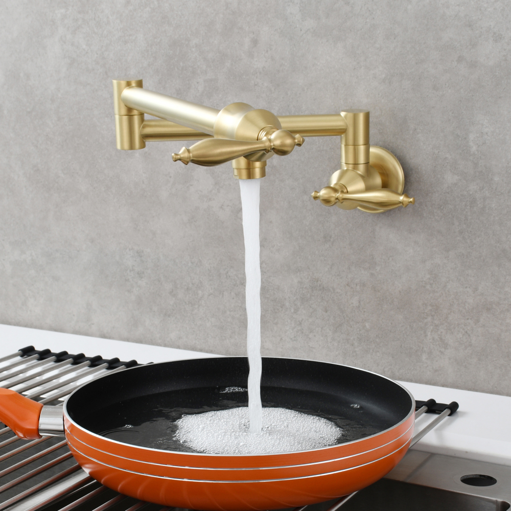 Tecmolog Pot Filler Faucet Brass Commercial Wall Mount Kitchen Sink Faucet Folding Stretchable with Single Hole Two Handles