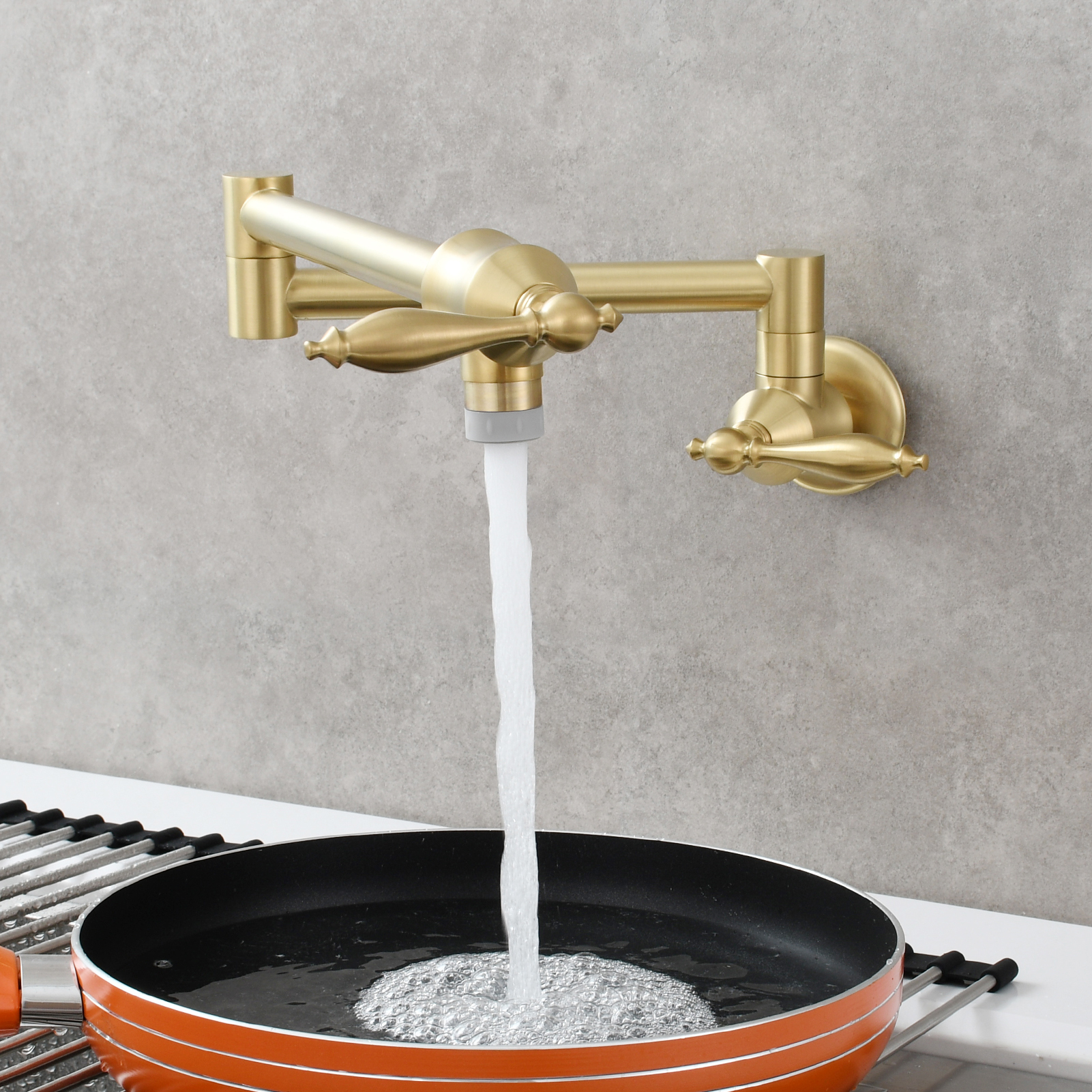 Tecmolog Pot Filler Faucet Brass Commercial Wall Mount Kitchen Sink Faucet Folding Stretchable with Single Hole Two Handles