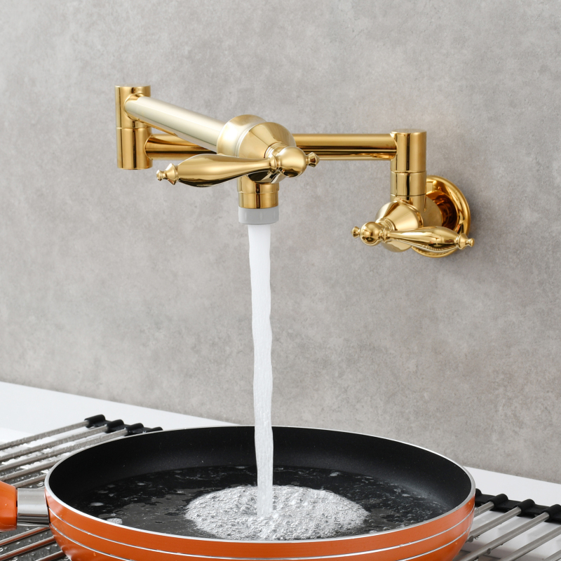 Tecmolog Pot Filler Faucet Brass Commercial Wall Mount Kitchen Sink Faucet Folding Stretchable with Single Hole Two Handles