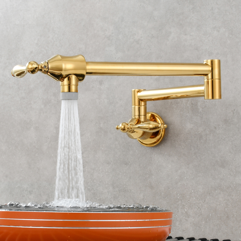 Tecmolog Pot Filler Faucet Brass Commercial Wall Mount Kitchen Sink Faucet Folding Stretchable with Single Hole Two Handles