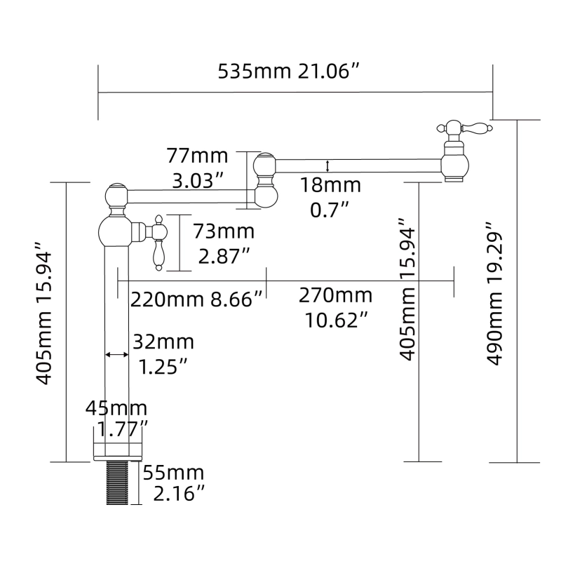 Tecmolog Deck Mount Pot Filler Kitchen Faucet, Brass Only Cold Folding Faucet, Dual Handles Stretchable 21” Double Swing Joint Single Hole Kitchen Sink Tap