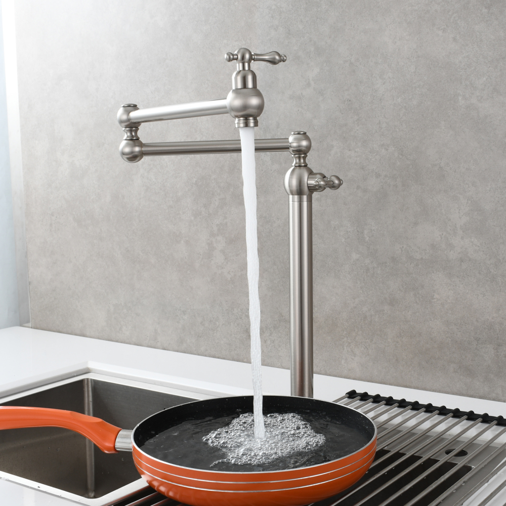 Tecmolog Deck Mount Pot Filler Kitchen Faucet, Brass Only Cold Folding Faucet, Dual Handles Stretchable 21” Double Swing Joint Single Hole Kitchen Sink Tap