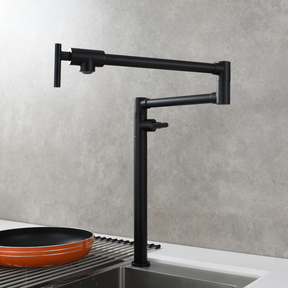 Tecmolog Deck Mount Pot Filler Kitchen Faucet, Brass Only Cold Folding Faucet, Dual Handles Stretchable 23” Double Swing Joint Single Hole Kitchen Sink Tap