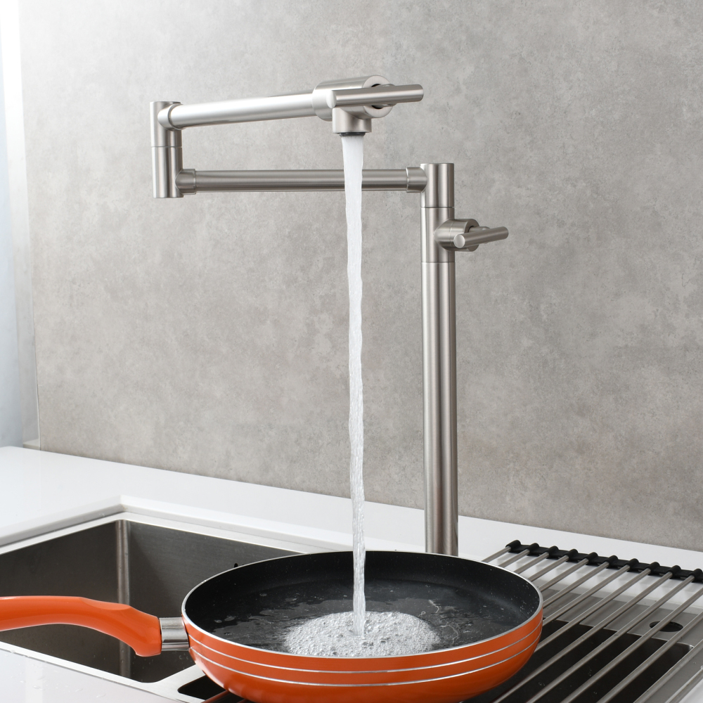 Tecmolog Deck Mount Pot Filler Kitchen Faucet, Brass Only Cold Folding Faucet, Dual Handles Stretchable 23” Double Swing Joint Single Hole Kitchen Sink Tap