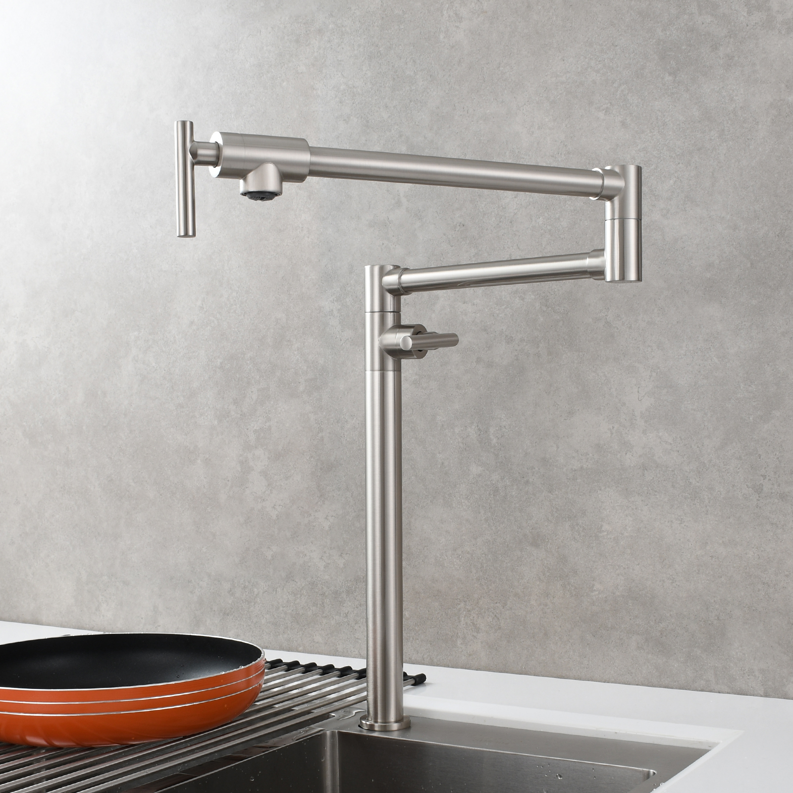 Tecmolog Deck Mount Pot Filler Kitchen Faucet, Brass Only Cold Folding Faucet, Dual Handles Stretchable 23” Double Swing Joint Single Hole Kitchen Sink Tap