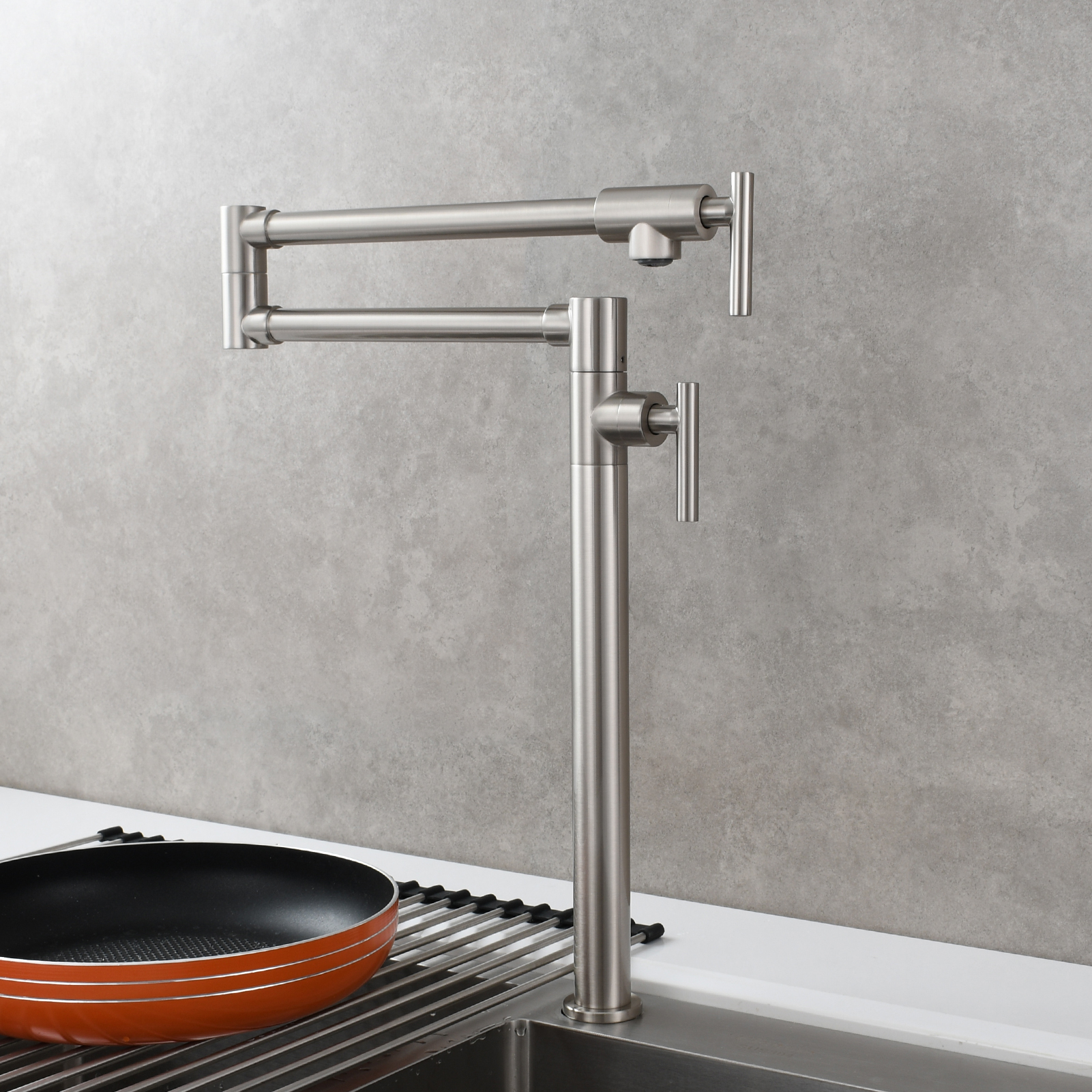 Tecmolog Deck Mount Pot Filler Kitchen Faucet, Brass Only Cold Folding Faucet, Dual Handles Stretchable 23” Double Swing Joint Single Hole Kitchen Sink Tap