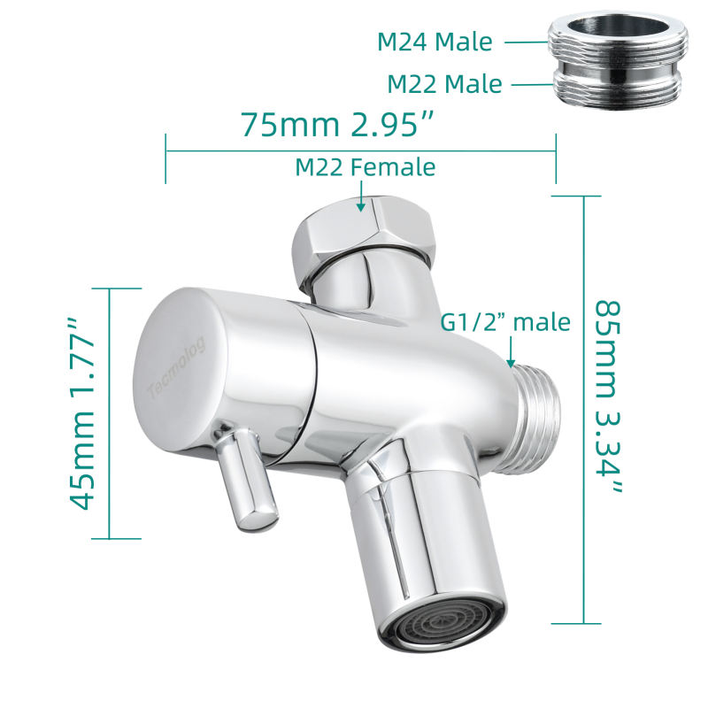 Tecmolog Faucet Diverter Valve With Aerator and Male Threaded Adapter(M22/M24), Faucet Adapter 3 Modes for Hose Attachment with Shut Off, For Bathroom/Kitchen Sink Faucet Connection, Chrome, SBA044