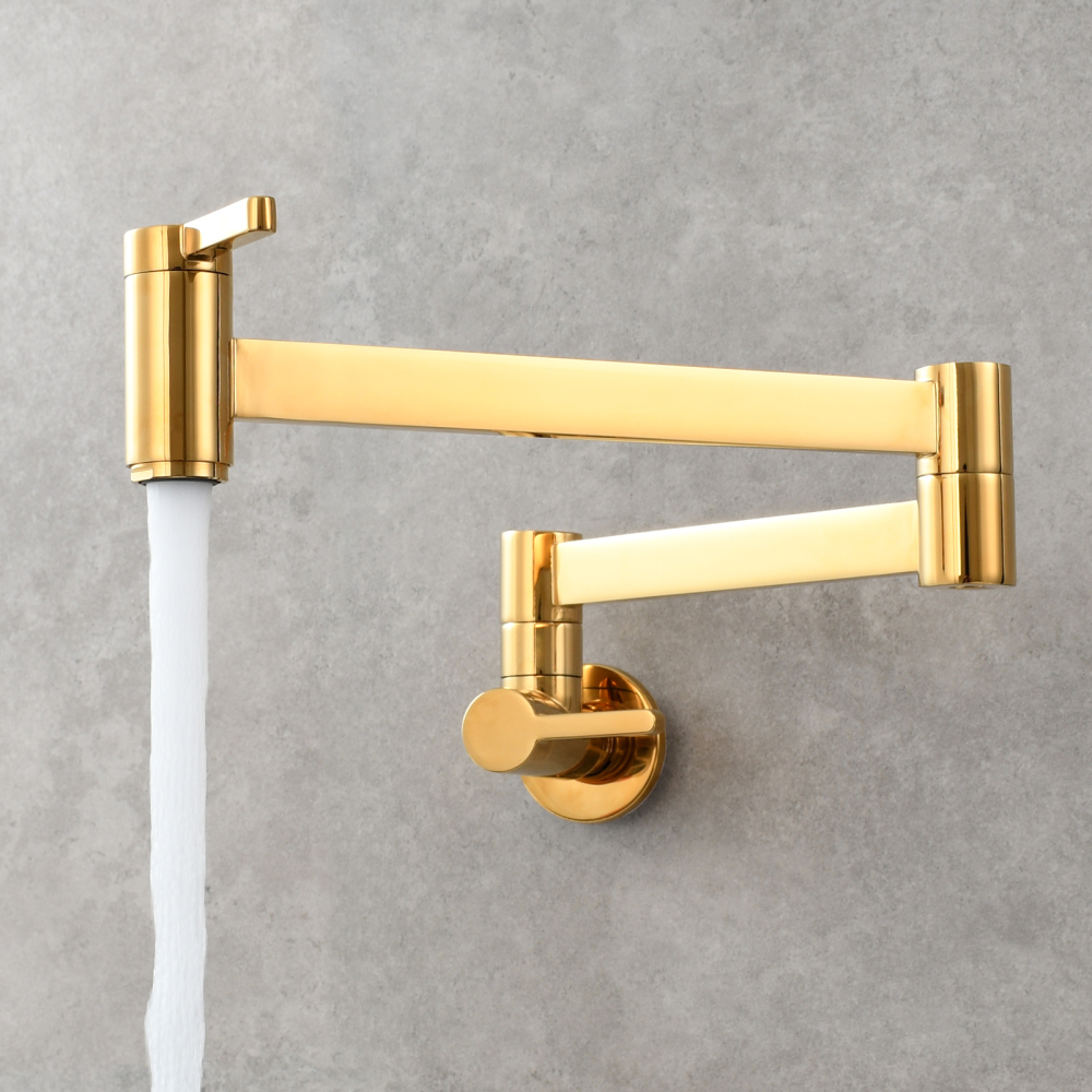 Tecmolog Kitchen Faucet Wall Mount Pot Filler Faucet Brass 360 Rotatable Folding Lengthened with Double Joint Swing Arms,2 Handles Control Water Nickel/Chome/Black/Golden/Brushed Brass