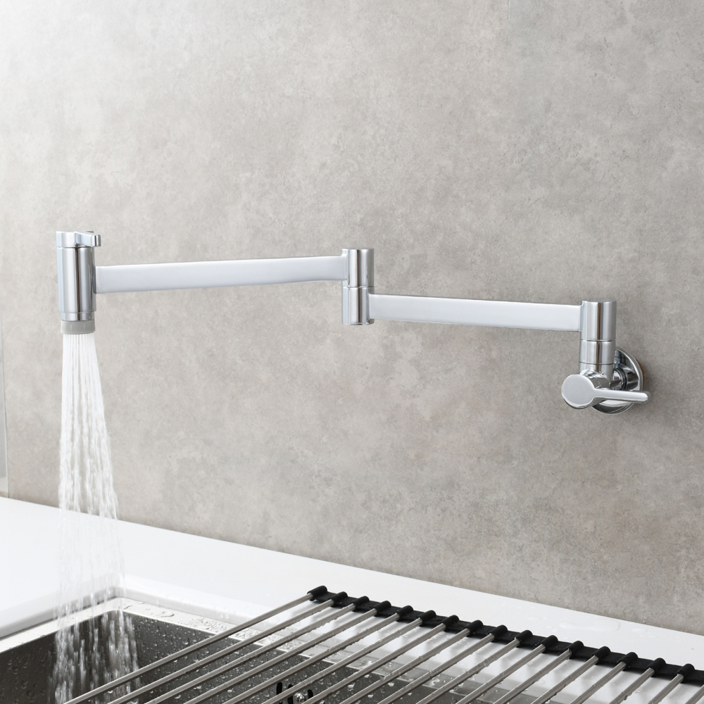 Tecmolog Kitchen Faucet Wall Mount Pot Filler Faucet Brass 360 Rotatable Folding Lengthened with Double Joint Swing Arms,2 Handles Control Water Nickel/Chome/Black/Golden/Brushed Brass