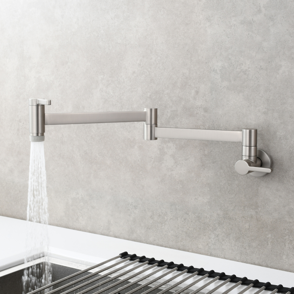 Tecmolog Kitchen Faucet Wall Mount Pot Filler Faucet Brass 360 Rotatable Folding Lengthened with Double Joint Swing Arms,2 Handles Control Water Nickel/Chome/Black/Golden/Brushed Brass