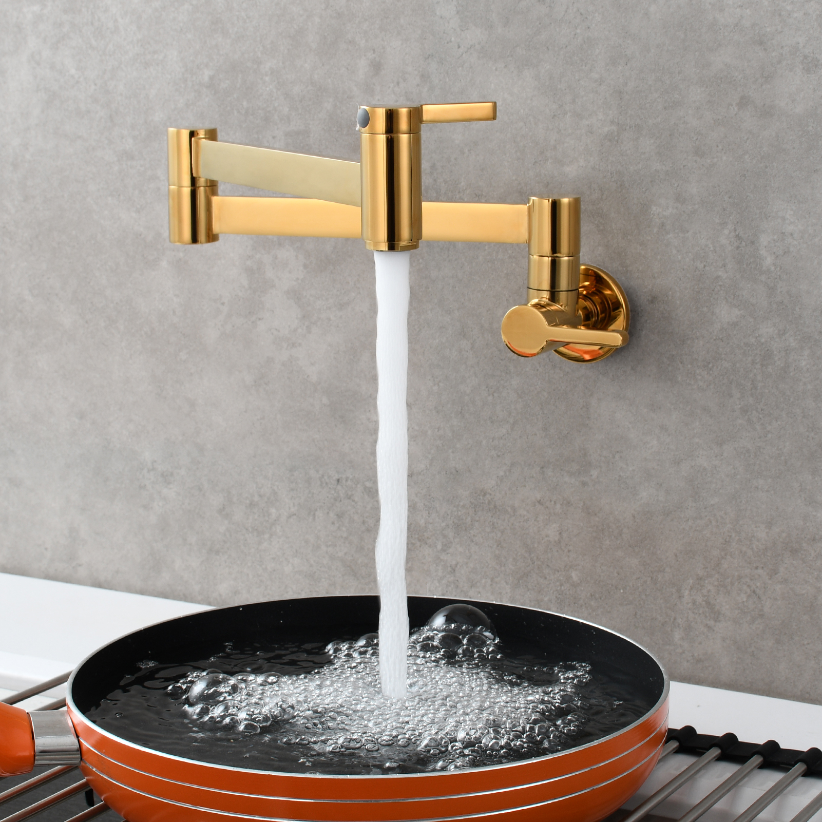 Tecmolog Kitchen Faucet Wall Mount Pot Filler Faucet Brass 360 Rotatable Folding Lengthened with Double Joint Swing Arms,2 Handles Control Water Nickel/Chome/Black/Golden/Brushed Brass