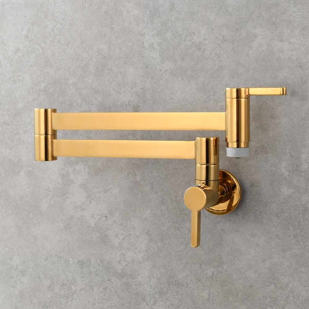 Tecmolog Kitchen Faucet Wall Mount Pot Filler Faucet Brass 360 Rotatable Folding Lengthened with Double Joint Swing Arms,2 Handles Control Water Nickel/Chome/Black/Golden/Brushed Brass