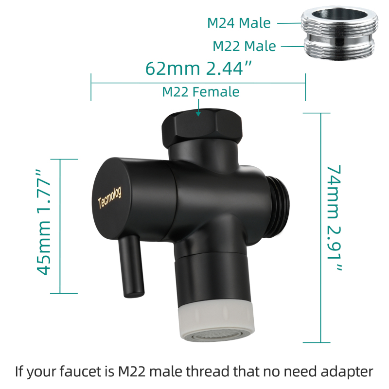 Tecmolog Faucet Diverter Valve M22 x M24 with 2 Flow Aerator, Brass Faucet Splitter Kitchen Faucet to Hose Adapter, SBA021D/SBA021DNA/SBA021DB