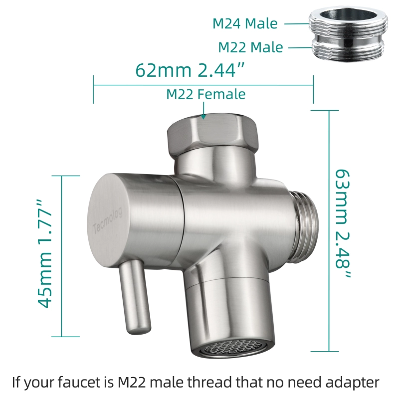 Tecmolog Sink Valve Diverter M22 x M24, Brass Faucet Splitter for Kitchen, Faucet Adapter 2 Way, SBA021C/SBA021CB/SBA021CNA