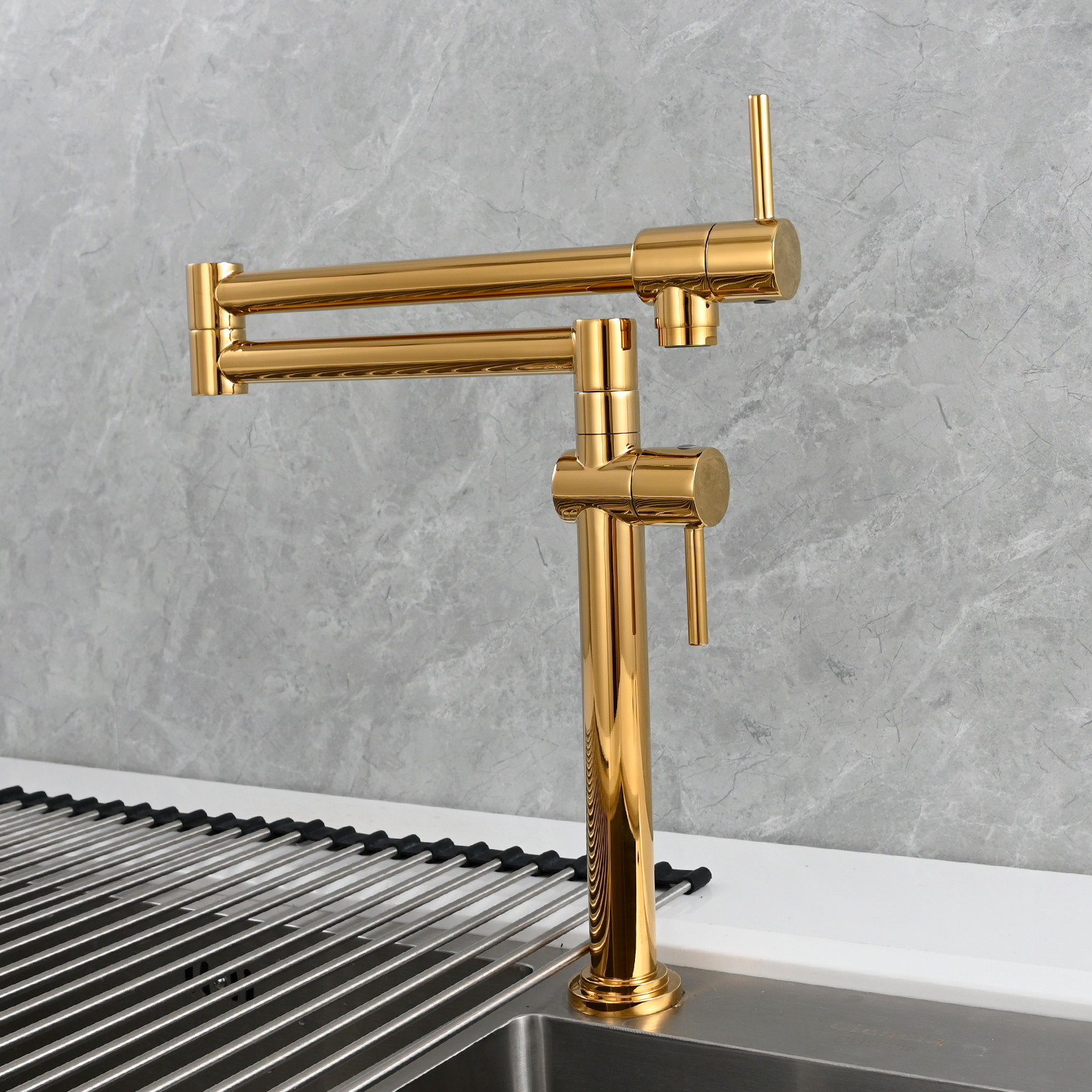 Tecmolog Brass Deck Mounted Kitchen Faucet Modern Modern Commercial Folding Faucet for Sink Faucet with Dual Handle