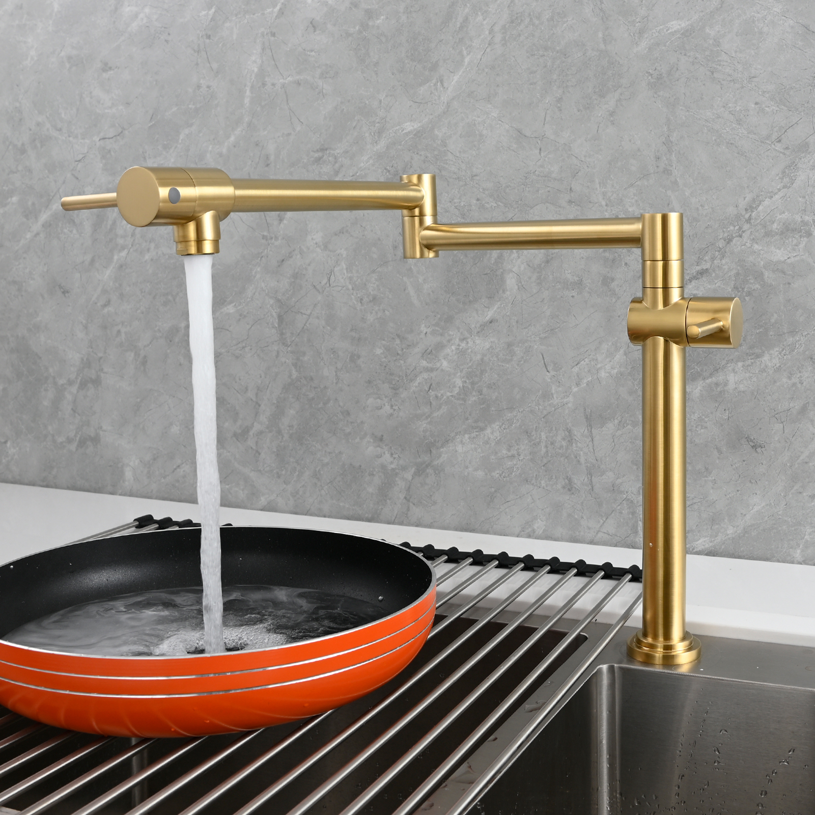 Tecmolog Brass Deck Mounted Kitchen Faucet Modern Modern Commercial Folding Faucet for Sink Faucet with Dual Handle