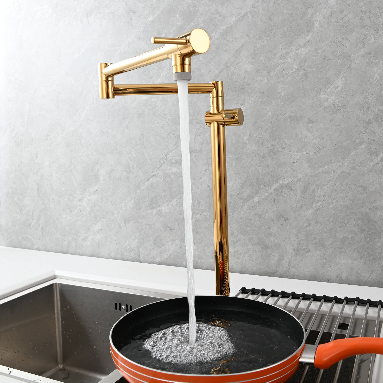 Tecmolog Brass Deck Mounted Kitchen Faucet Modern Modern Commercial Folding Faucet for Sink Faucet with Dual Handle