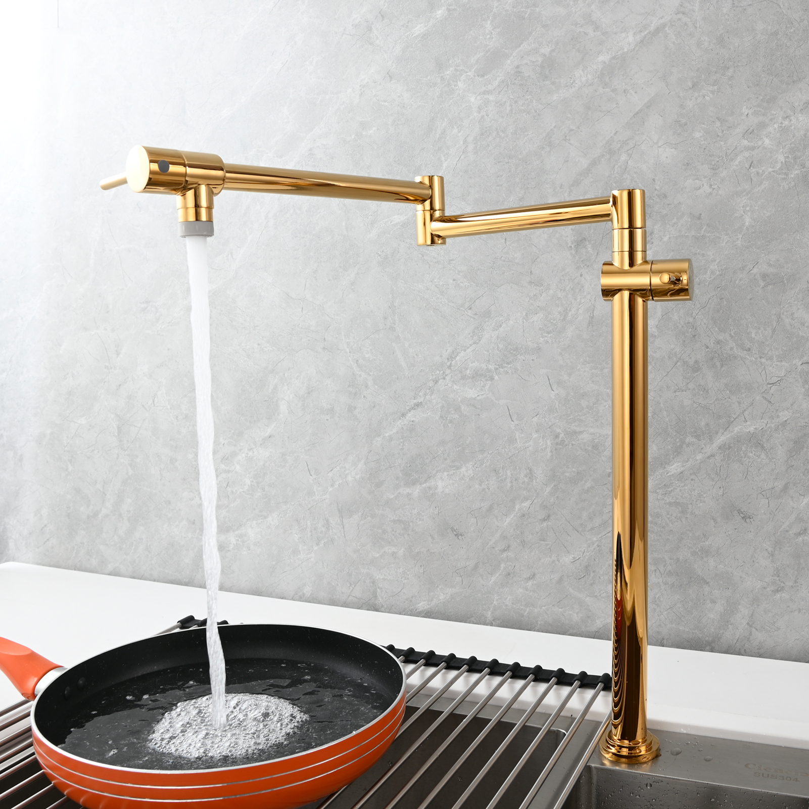 Tecmolog Brass Deck Mounted Kitchen Faucet Modern Modern Commercial Folding Faucet for Sink Faucet with Dual Handle