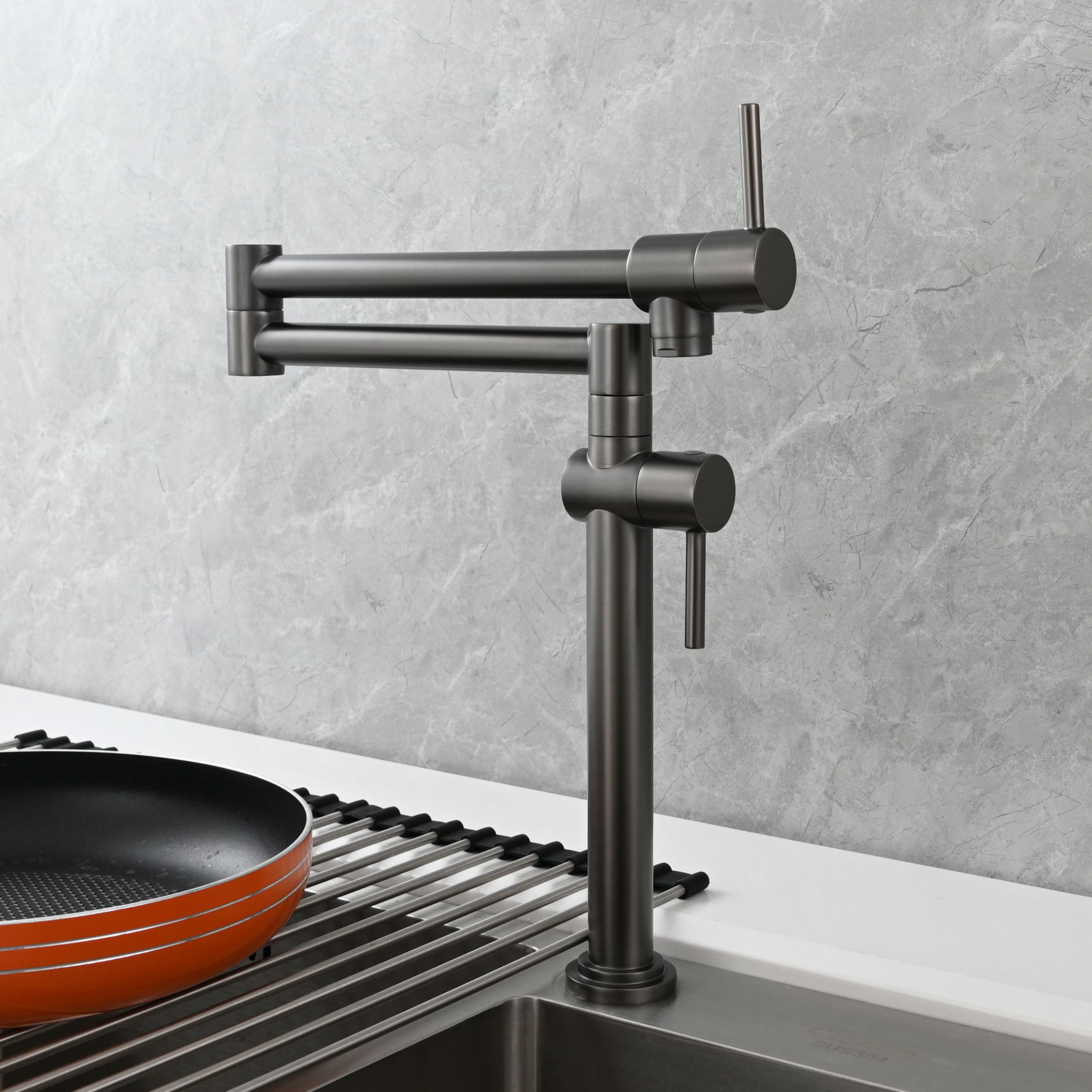 Tecmolog Brass Deck Mounted Kitchen Faucet Modern Modern Commercial Folding Faucet for Sink Faucet with Dual Handle