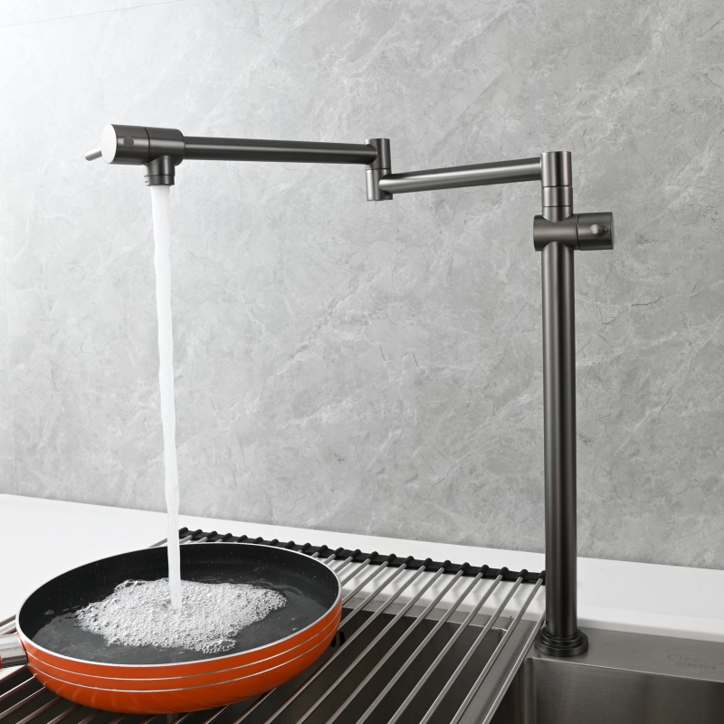 Tecmolog Brass Deck Mounted Kitchen Faucet Modern Modern Commercial Folding Faucet for Sink Faucet with Dual Handle