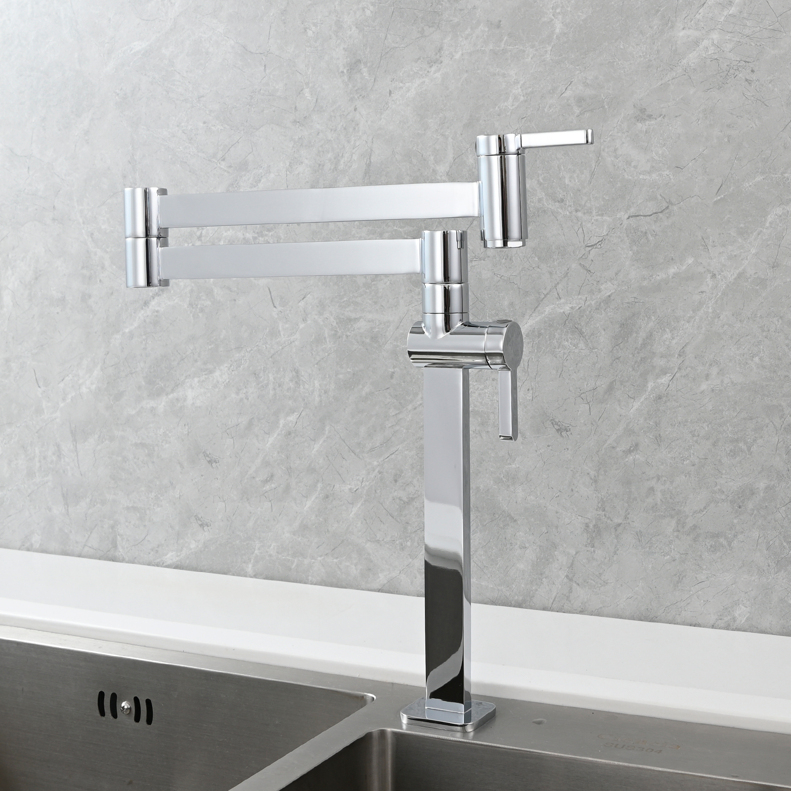 Tecmolog Brass Folding Faucet Dual Handle Kitchen Faucet,Pot Filler Faucet Deck Mount Tap