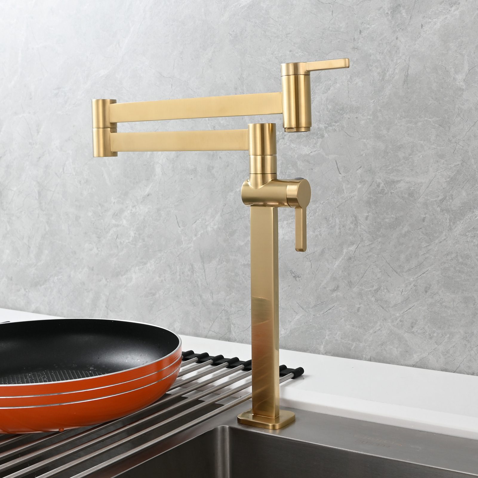 Tecmolog Brass Folding Faucet Dual Handle Kitchen Faucet,Pot Filler Faucet Deck Mount Tap