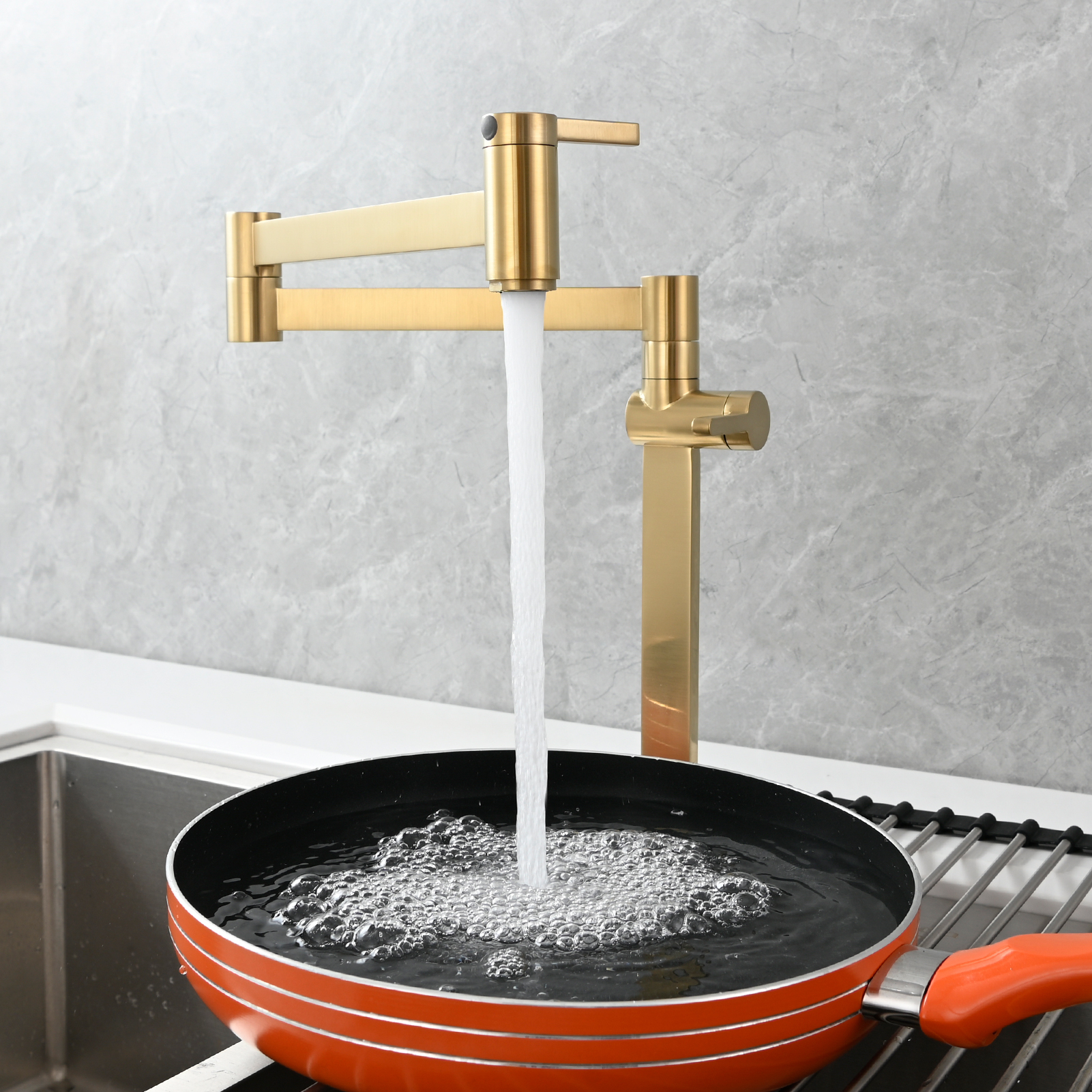 Tecmolog Brass Folding Faucet Dual Handle Kitchen Faucet,Pot Filler Faucet Deck Mount Tap